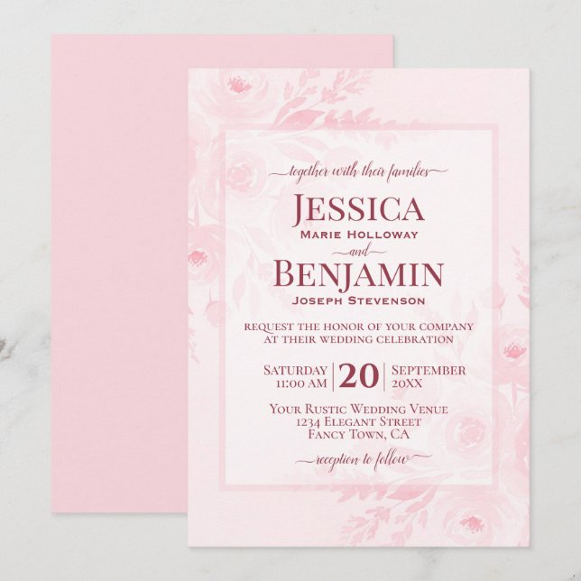 Invitation Élégant Rose Pâle Bohème Chic Fleurs Mariage (Devant / Derrière)