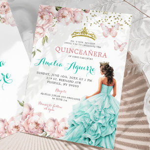 Invitation Elégant rose pâle et Turquoise Quinceañera florale