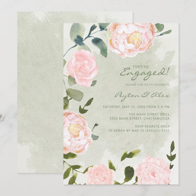 Invitation Élégant rose pâle floral engagement (Devant / Derrière)