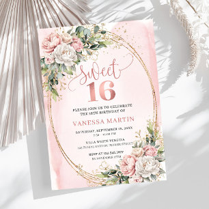 Invitation Élégant Rose Pâle Floral Végétal Douze Seize Ans 