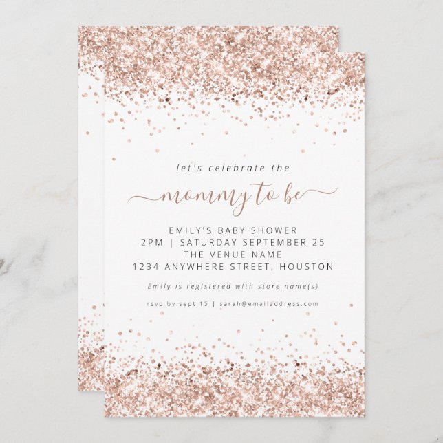 Invitation Élégant Rose Parties scintillant or Baby shower (Devant / Derrière)