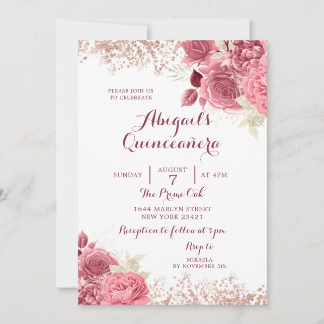 Invitation Elégant Rose Parties scintillant or Floral Quincea (Devant)
