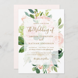 Invitation Élégant rose Peach Gold Bloom Mariage