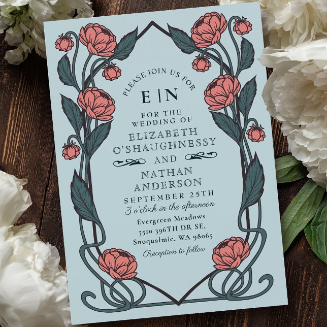 Invitation Elégant rose Peony Art Nouveau Floral Mariage (Créateur téléchargé)