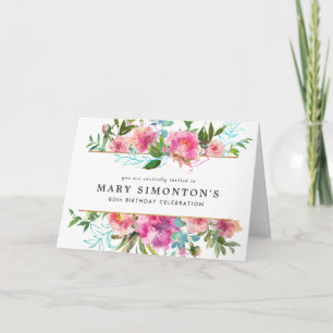 Invitation Elégant rose Peony Floral 80e anniversaire