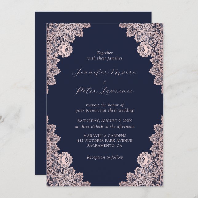 Invitation Elégant Rose personnalisé Gold et Mariage bleu mar (Devant / Derrière)