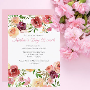 Invitation Elégant Rose Pink Peony Floral Fête des Mères Brun