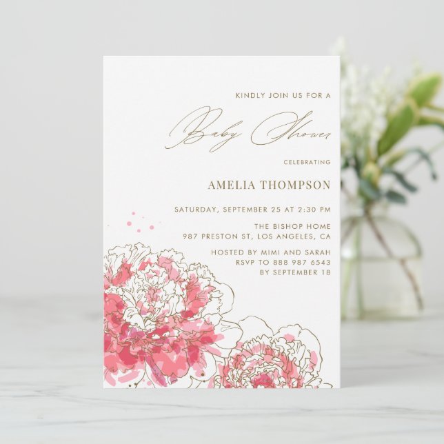 Invitation Élégant rose pivoines modernes Baby shower floral (Debout devant)