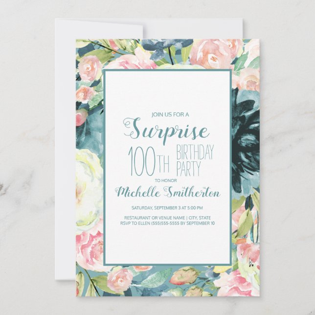 Invitation Elegant rose poudré crème sarcelle 100e anniversai (Devant)