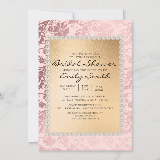 Invitation Élégant rose poudré et or Fête de mariage (Devant)