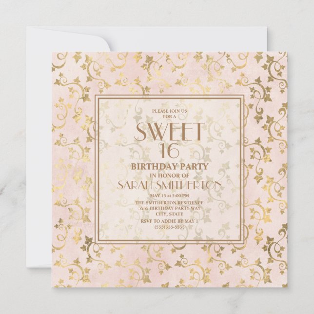 Invitation Élégant rose poudré et or Sweet 16 (Devant)
