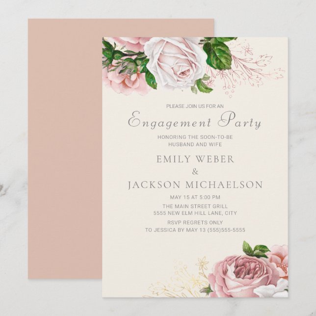 Invitation Élégant Rose Rose Floral Cream Party (Devant / Derrière)