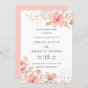 Invitation Élégant Rose Rose Floral Feuilles or