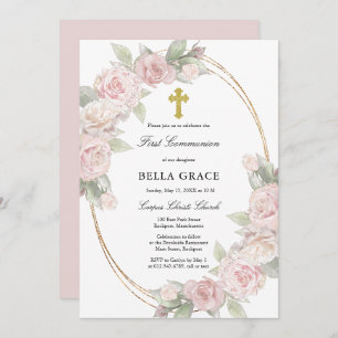 Invitation Élégant Rose Rose Floral First Communion Invitatia