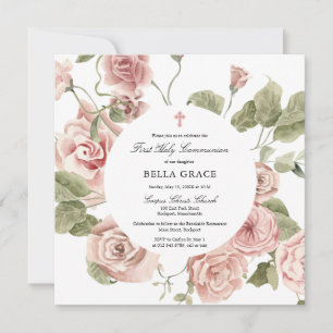 Invitation Élégant Rose Rose Floral Première Communion Sainte