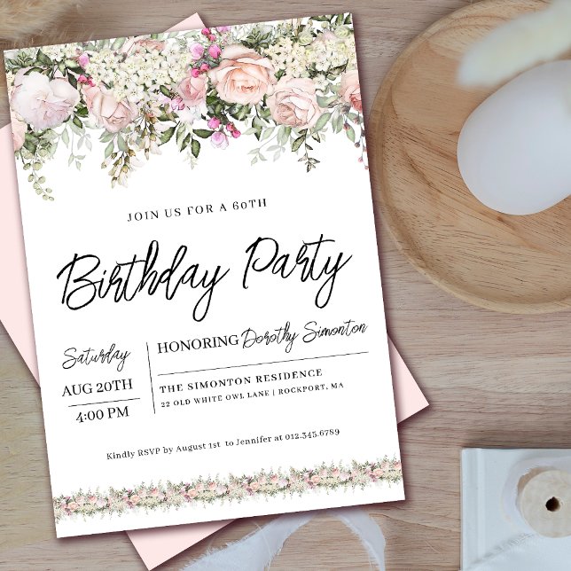 Invitation Élégant rose rose florale 60e anniversaire (Coordinating welcome signs and party supplies available. Message me for help finding them!)
