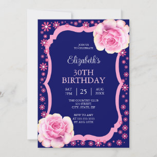 Invitation Élégant rose rose florale bleu foncé 30e anniversa