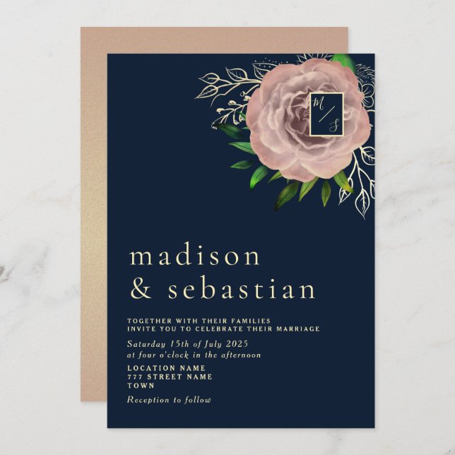 Invitation Elégant Rose Rose Marine Blue Gold Mariage Invitat (Devant / Derrière)