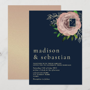 Invitation Elégant Rose Rose Marine Blue Gold Mariage Invitat