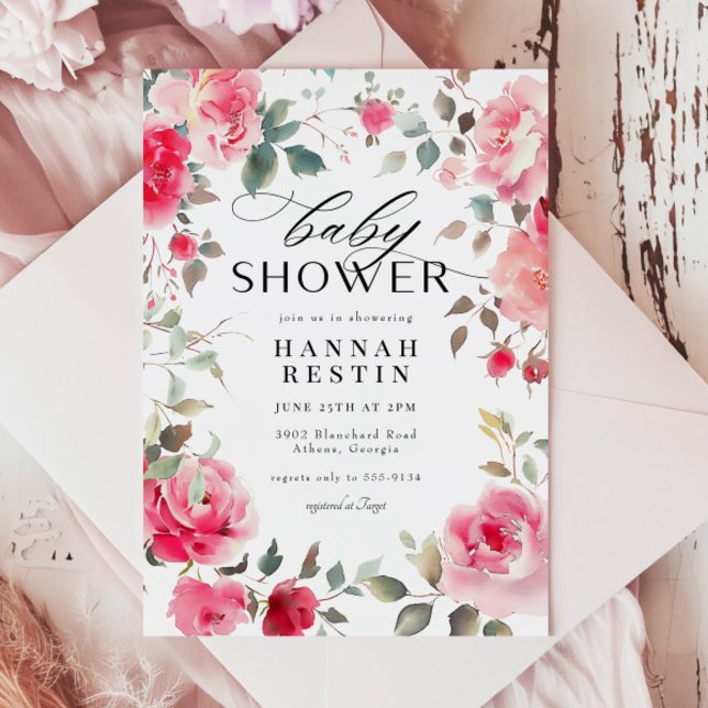 Invitation Élégant Rose Rose Rose Floral Baby shower fille (Créateur téléchargé)