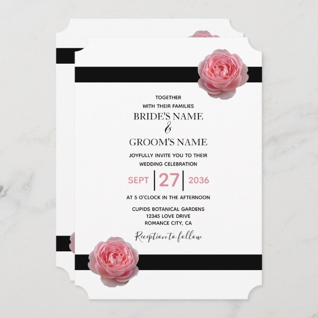 Invitation Élégant rose rose rose noir ruban de mariage Invit (Devant / Derrière)