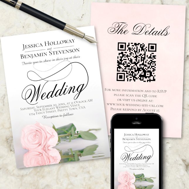 Invitation Élégant rose rose rose rose rose romantique QR Cod (Front/Back/Downloadable)