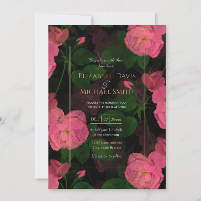 Invitation Elégant rose Roses Floral Peinture Noir Design (Devant)