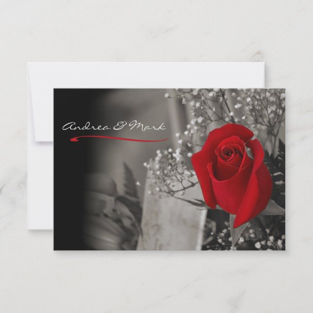 Invitation Élégant Rose Rouge Mariage Noir et Blanc (Devant)