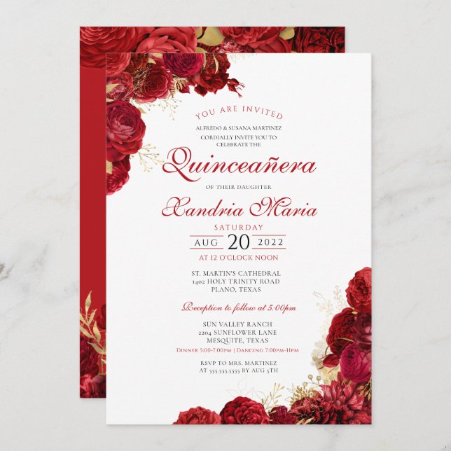 Invitation Elégant Rose rouge & or Floral Quinceanera (Devant / Derrière)
