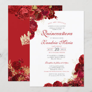 Invitation Elégant Rose rouge & or Floral Quinceanera