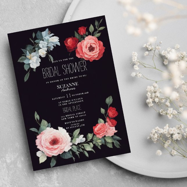 Invitation Élégant rose rouge rose bleu Fête de mariage (Elegant black red pink blue roses Bridal Shower)