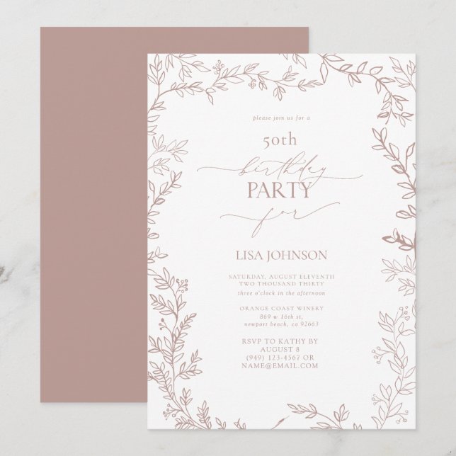 Invitation Elégant Rose roux moderne feuille 50e anniversaire (Devant / Derrière)