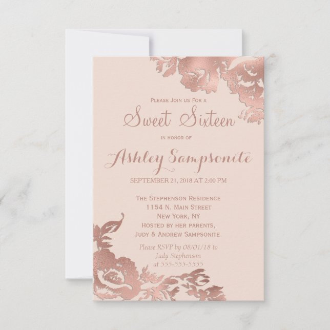 Invitation Élégant Rose simple Gold Pink Floral Sweet 16 (Devant)