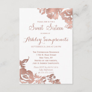 Invitation Élégant Rose simple Gold White Floral Sweet 16