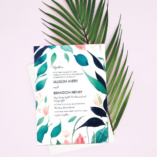 Invitation Elégant rose Turquoise bleu Aquarelle Feuille Mari