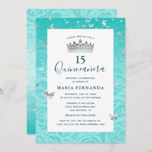 Invitation Élégant Rose Turquoise couronne argent Floral Quin