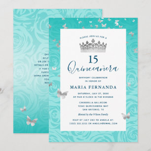 Invitation Élégant Rose Turquoise de la Quinceanera Florale d