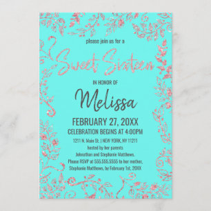 Invitation Élégant Rose Turquoise Gold Parties scintillant Fl