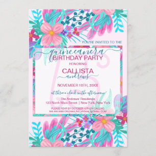 Invitation Elégant rose Turquoise Peint Fleurs Feuille Quince