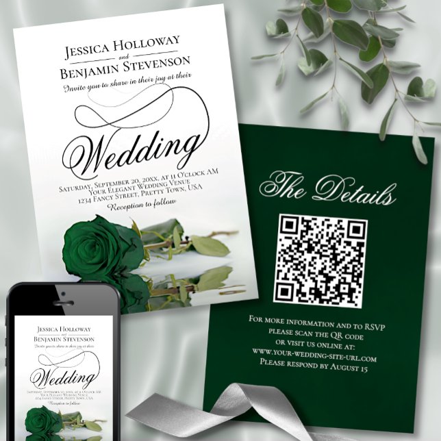 Invitation Élégant Rose vert émeraude Fancy QR Code Mariage (Créateur téléchargé)