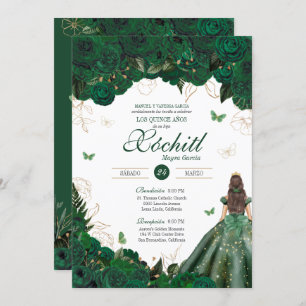 Invitation Élégant Rose vert émeraude papillon Quinceañera