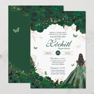 Invitation Élégant Rose vert émeraude papillon Quinceañera