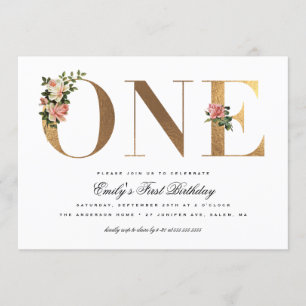 Invitation Elégant Rose Vintage Gold Foil 1er anniversaire