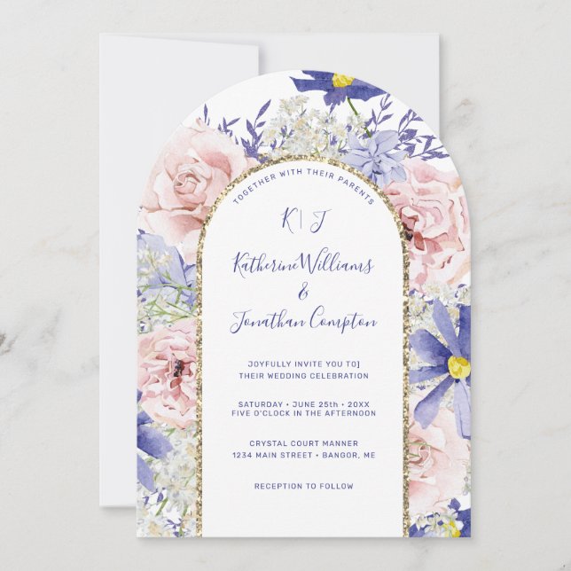 Invitation Elégant rose violet Aquarelle Mariage d'arc floral (Devant)