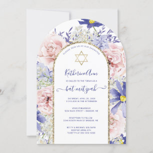 Invitation Élégant rose violet Bat mitzvah d'arc d'or fleuri 
