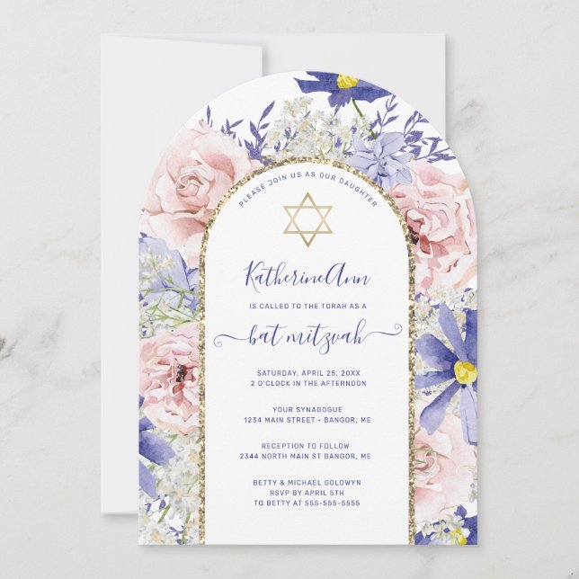 Invitation Élégant rose violet Bat mitzvah d'arc d'or fleuri  (Devant)