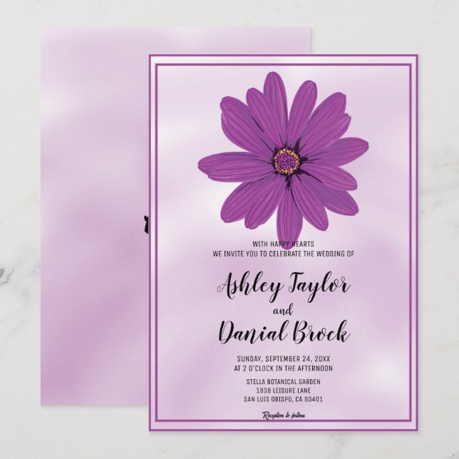 Invitation Élégant rose violet foncé avec cadre Mariage à fle (Devant / Derrière)