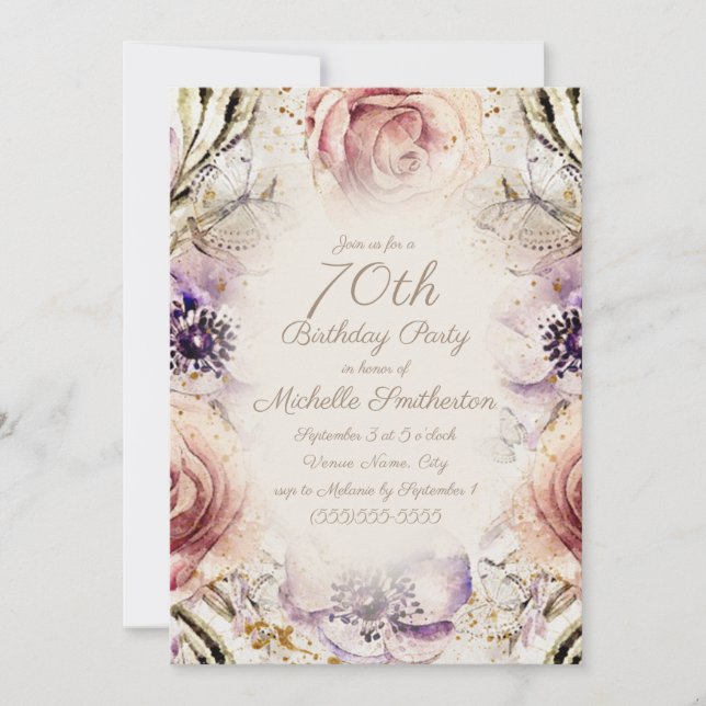 Invitation Élégant rose violet Script 70e anniversaire (Devant)
