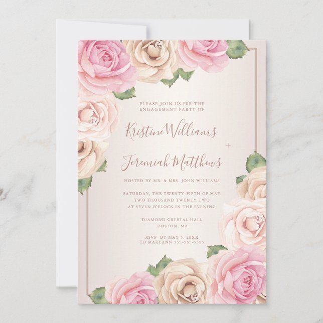 Invitation Elégant Rose Watercolor Floral Engagement Party (Devant)