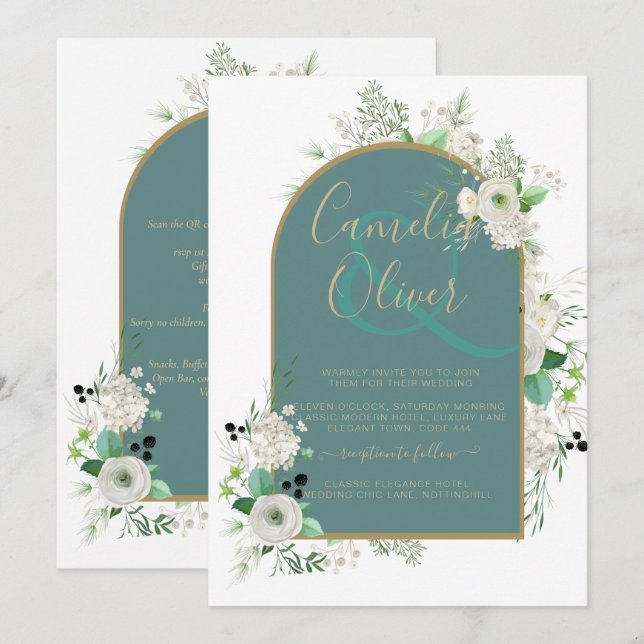 Invitation Elégant Roses Blanches All-in-1 Mariage Inviter RS (Devant / Derrière)